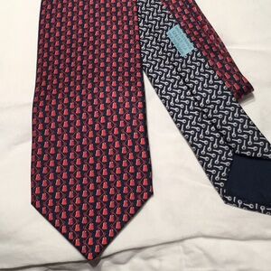 Hermes Red and Blue Silk Tie with Geometric Pattern
